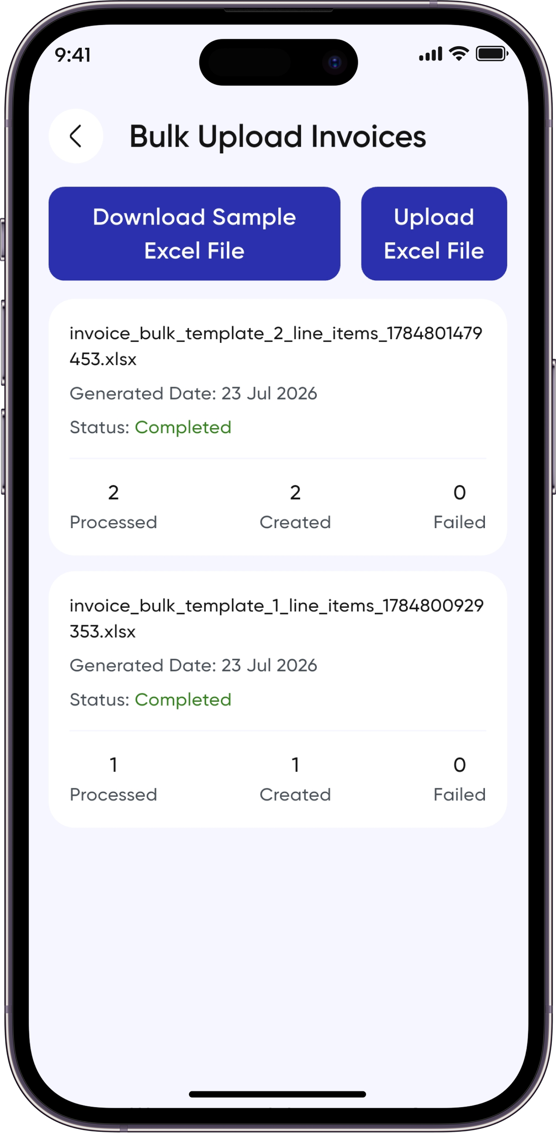 Bulk invoice import and upload progress screen in the Invoz AI app.