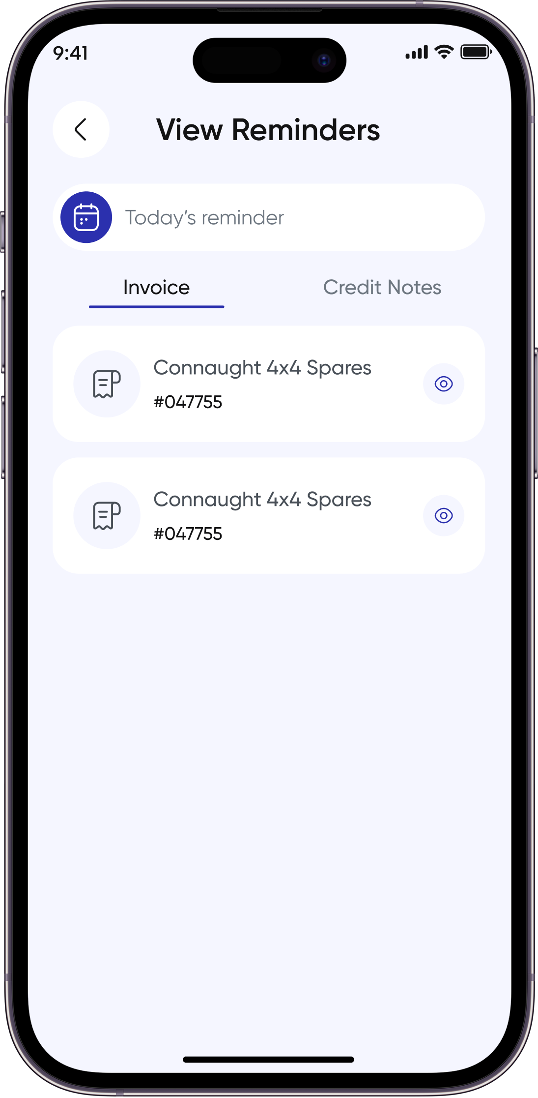 View Reminders screen with invoice and credit note tabs in the Invoz AI app.